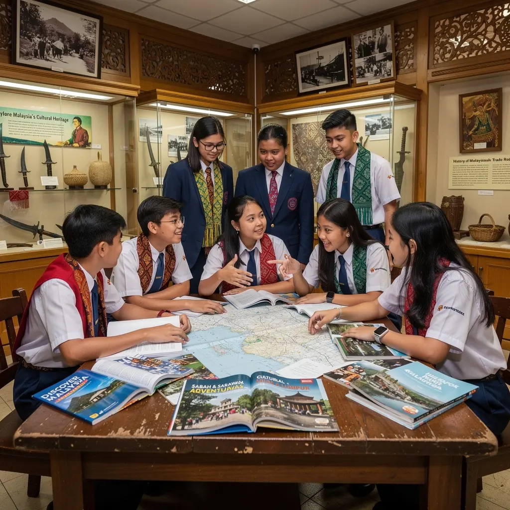 A family enjoying a day out while exploring a Malaysian historical site from a guidebook.