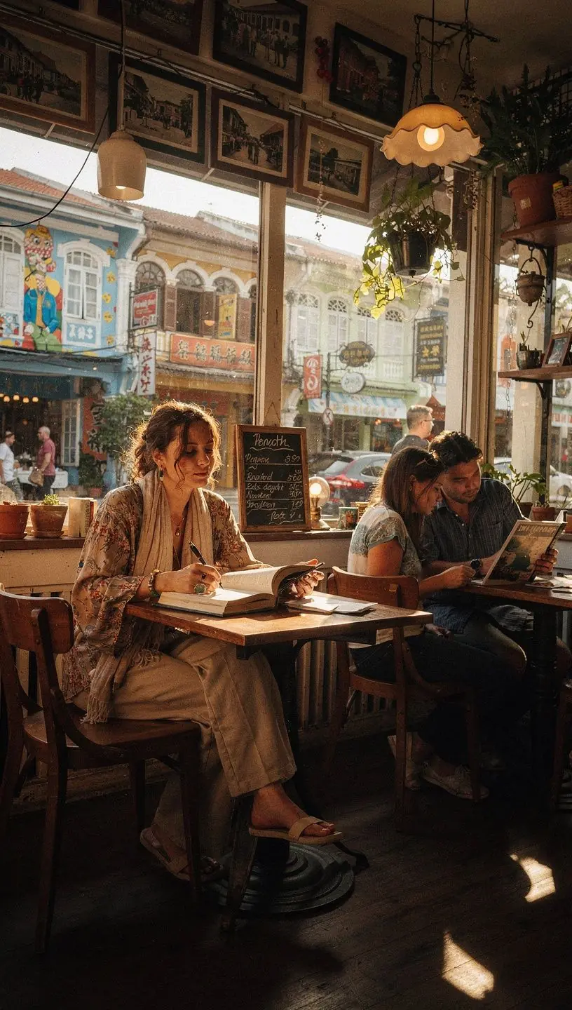 A cozy reading nook with travel literature set against a backdrop of Malaysian scenery.